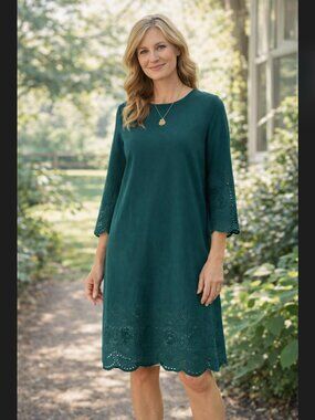 J Jill Shift Dress M Teal Eyelet Scalloped Cotton 3/4 Sleeve Knee Coastal Boho